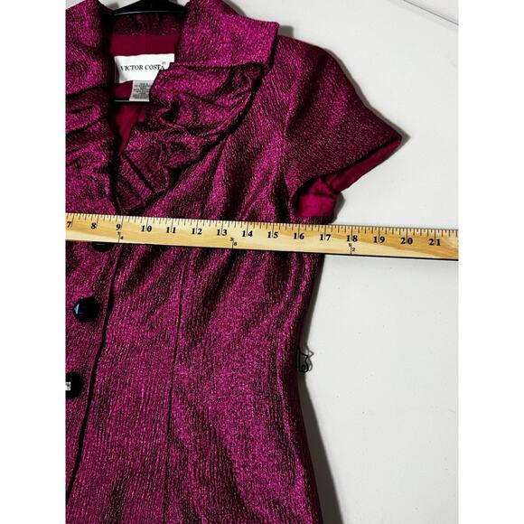 Victor Costa Pink Ruffle Blouse Size 4 Textured Metallic Button-Up Top - Picture 8 of 8
